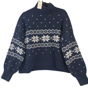 NEW Pink Rose Fair Isle Pattern Navy & White Knit Sweater Mock Neck Size M